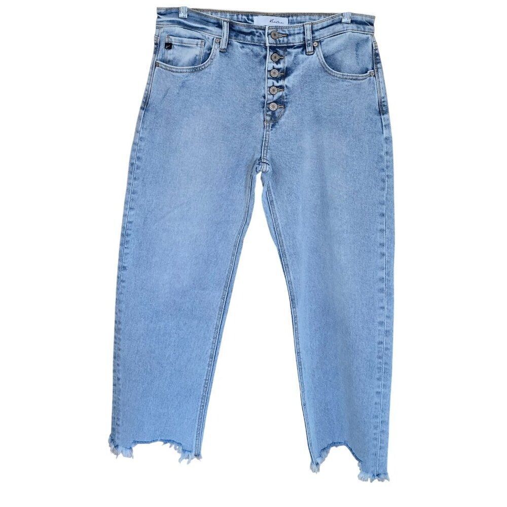 High-Waisted Kancan Light Wash Denim Jeans Button Fly & Raw Hem boho classic